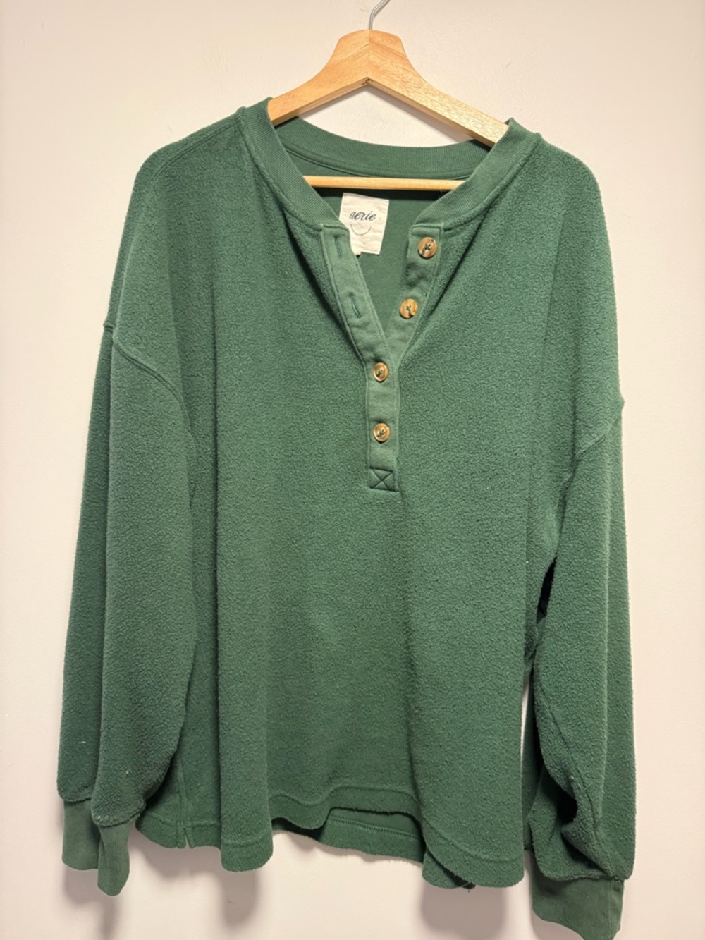 Aerie Sherpa Henley Sweatshirt Rugged Green XL - Picture 2 of 6